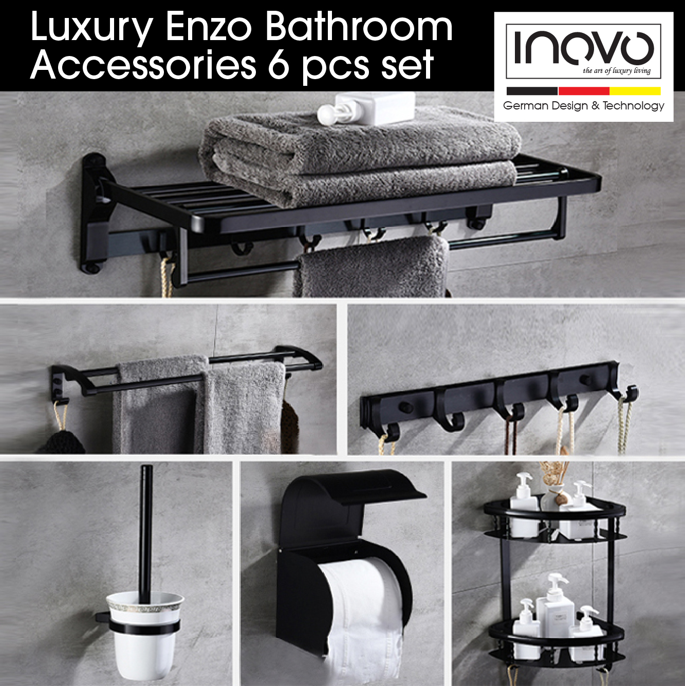 Inovo Enzo Bathroom Accessories In Black 6 Pcs Set Inovo