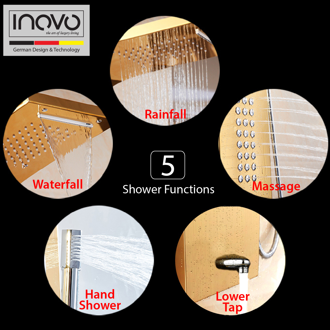 INOVO® Mira Waterfall Hydrotherapy Shower Set with Lateral Jet water