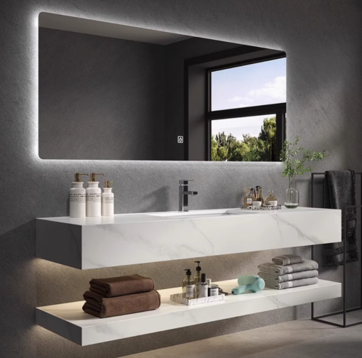 Luxury Luna Sintered Stone Double Layer Bathroom Vanity with Mirror (White Marble) Width 36cm, 40cm, 44cm, 50cm