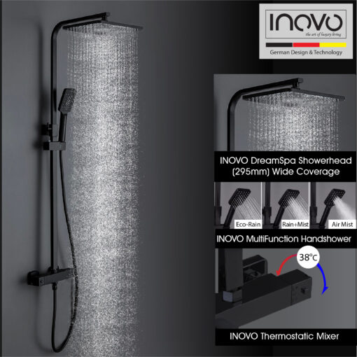 INOVO® Milańo Thermostatic Rain Shower Column Set in (Matt Black)- PUB WELS Certified