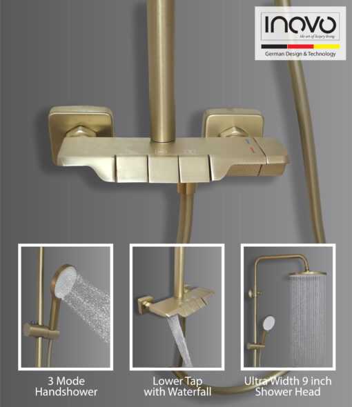 INOVO® Ońyx Piano Design Rain Shower Column Set in Brushed Gold- PUB WELS Certified - Image 3
