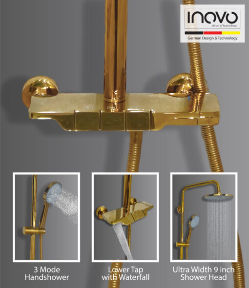 INOVO® Ońyx Piano Design Rain Shower Column Set in Royal Gold- PUB WELS Certified - Image 3