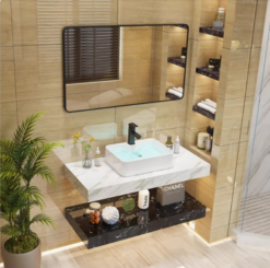 Luxury Lumina Sintered Stone Bathroom Vanity Basin Top Mount (White & Black Marble) Width 40cm, 42cm, 45cm, 48cm