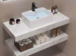 Alternative view of Luxury Lumina Sintered Stone Bathroom Vanity Basin Top Mount (White Marble & Natural Solid Wood) Width 40cm, 42cm, 45cm, 48cm